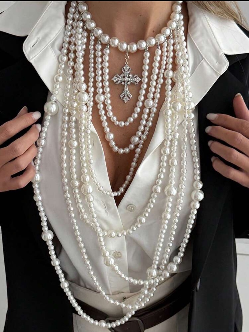 Vintage Baroque Style Layer Pearl Necklace with Cross Pendant - White